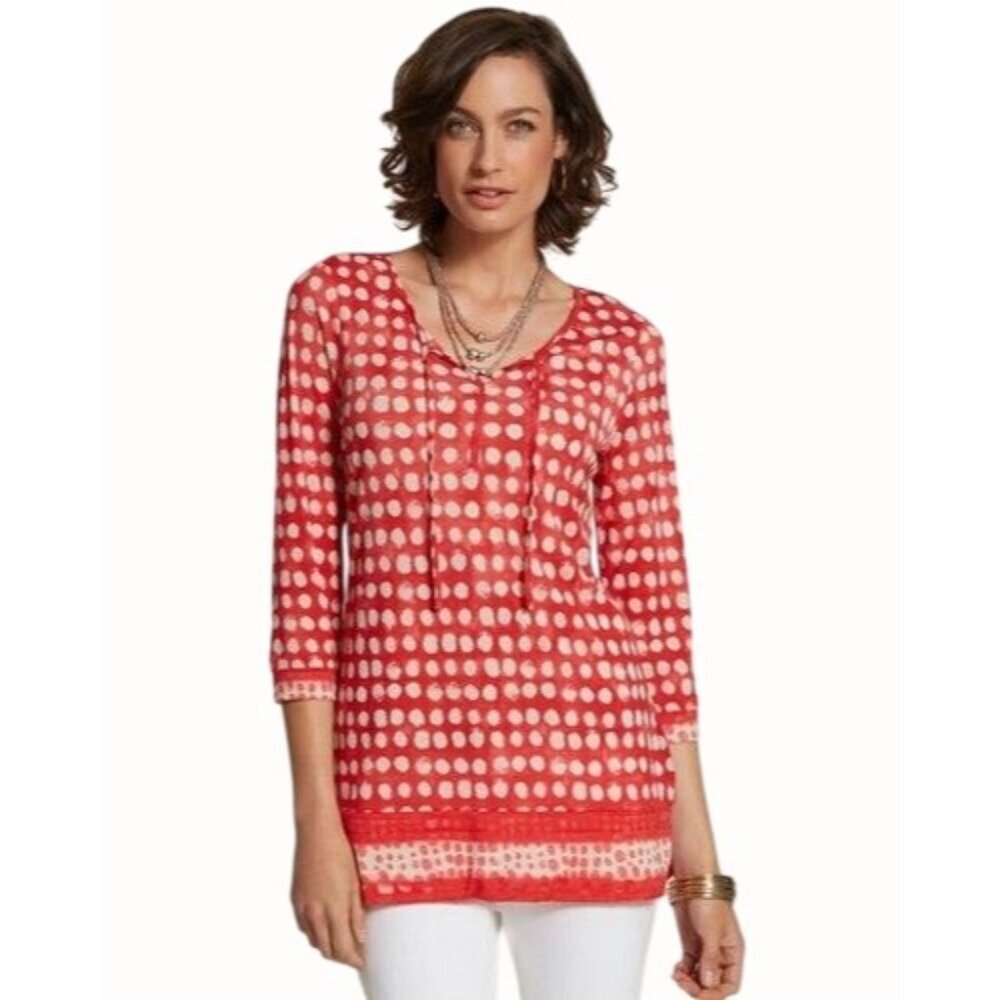 Chicos Red Tan Polka Dot Tunic Top Quarter Sleeve Scoop Keyhole Neck Size Large